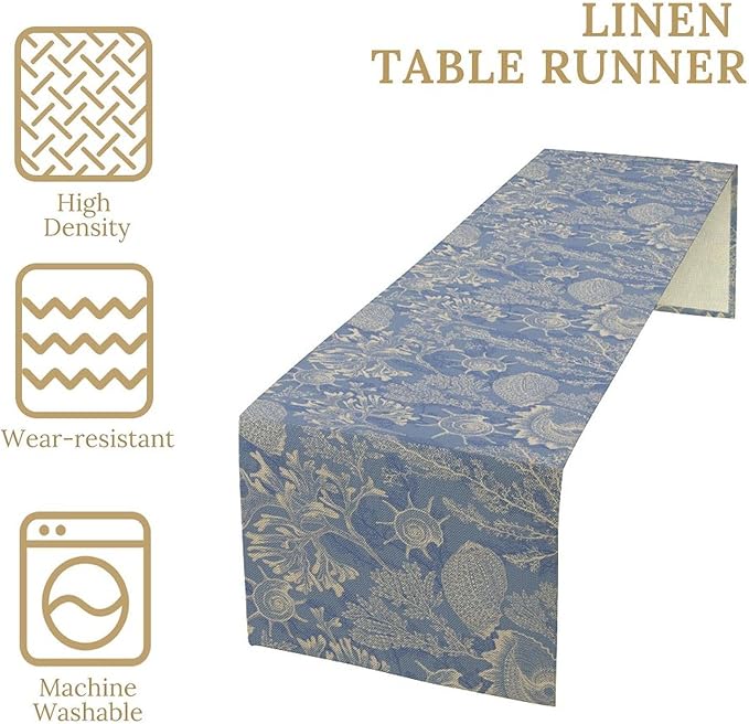 Nautical Themed Table Runner Beach Coastal Coral Starfish Shell Art Printed Runner for Home Kitchen Dining Table Living Room Decor Fabric 1 Panel W13xL90in