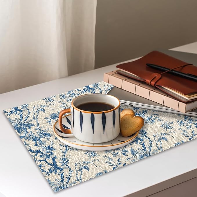 Set of 4 Blue Floral Placemats, 12 x 18 Inch Chinoiserie Rectangle Table Mats, Linen Fabric Placemat for Indoor & Outdoor Kitchen Dining Home Decor -04
