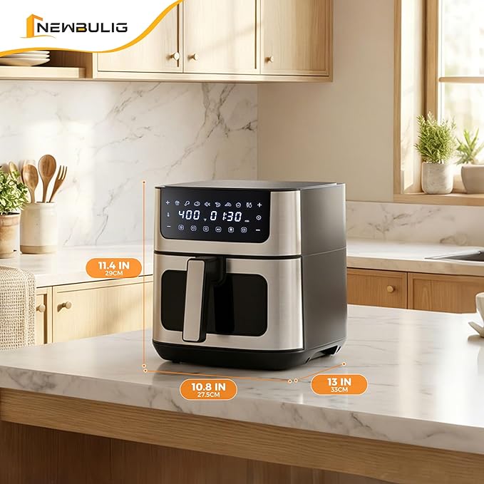 NEWBULIG Air Fryer 6.34QT, Airfryer with Visible Window, 400℉ Fast Heating Air Fryers Oven with Nonstick and Dishwasher-Safe Basket, 8-in-1 Cooking Preset, Timer，Auto-Off, Stainless Steel, Black