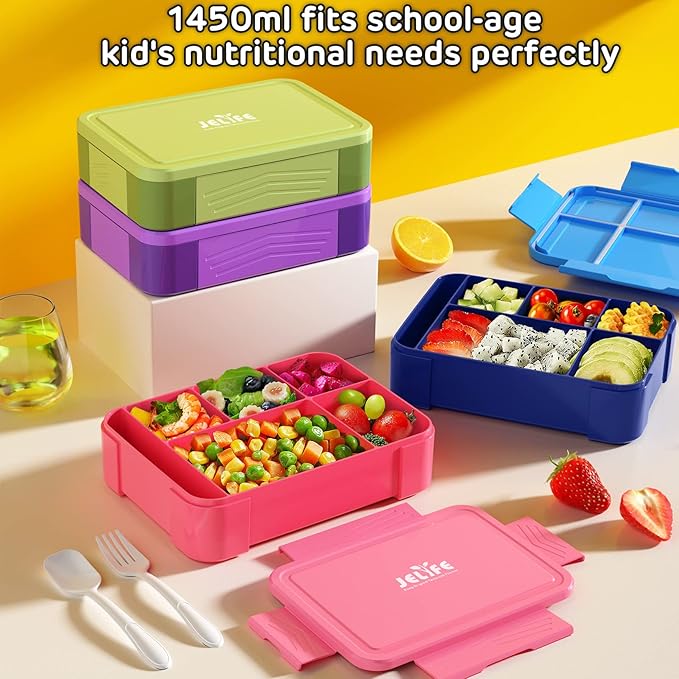 Jelife Kids Bento Box Lunch Box - 1450ml Leakproof 6 Compartments Bento Lunchbox Kids Lunch Boxes with Food Utensils for Back to School, Book-Style Lunch Snack Containers for Toddler Daycare, Pink