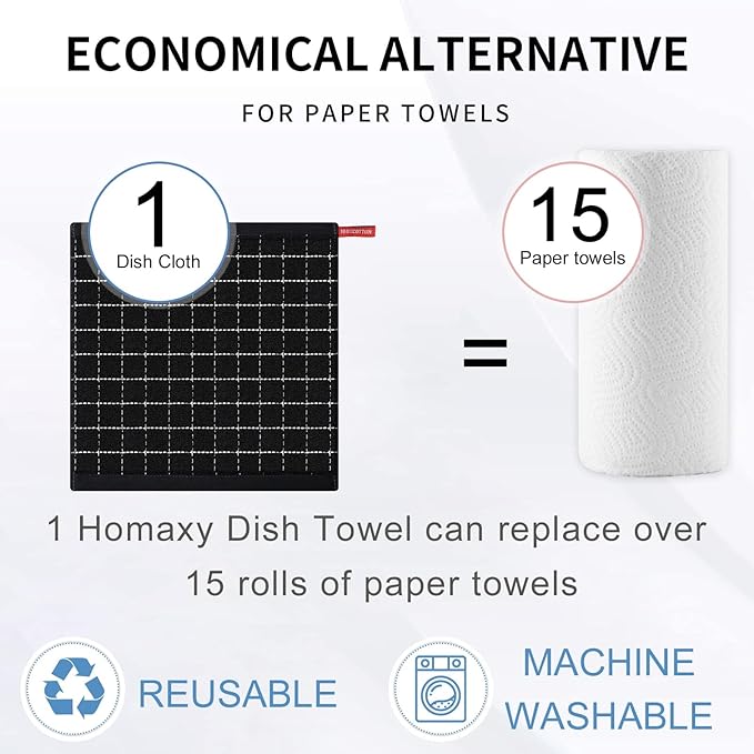 Homaxy 100% Cotton Terry Kitchen Dish Cloths, Ultra Soft and Absorbent Dish Towels for Kitchen, Suitable for Drying and Washing Dishes, 18 Pack, 12 x 12 Inches, Black