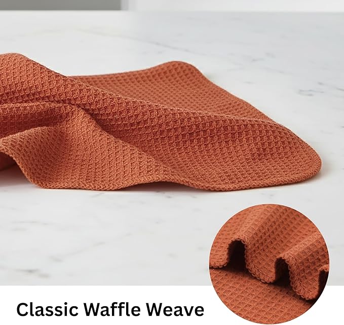 PurpleEssences Rust Dish Cloths and Dish Rags - 6 Pack Waffle Weave Solid Kitchen Dish Wash Cloths, 100% Cotton, 12x12 Inches, Ultra Soft Absorbent Quick Drying - Spring Easter Summer - Rust
