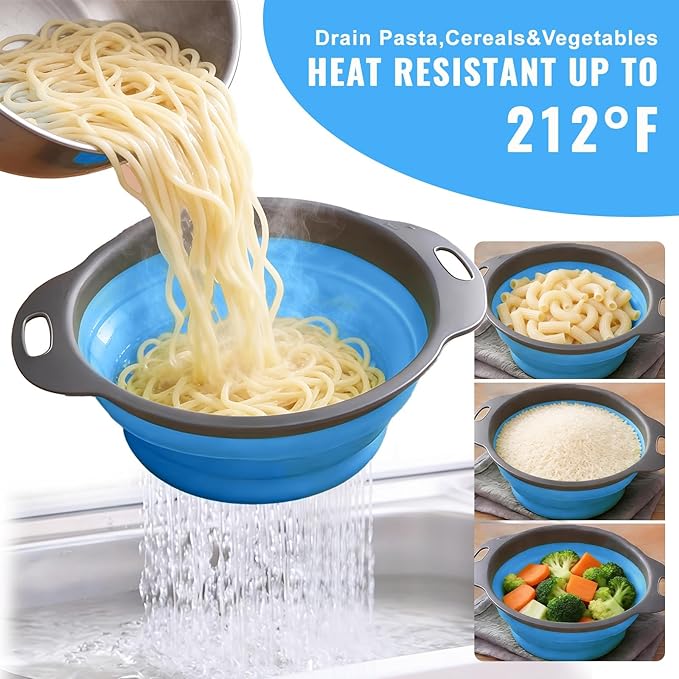 Collapsible Colander Set of 2, Folding Kitchen Strainers with Handles, Space-Saving Over-the-Sink Drainers for Pasta, Veggies & Fruit, BPA-Free, Dishwasher Safe, RV & Camping (Blue)