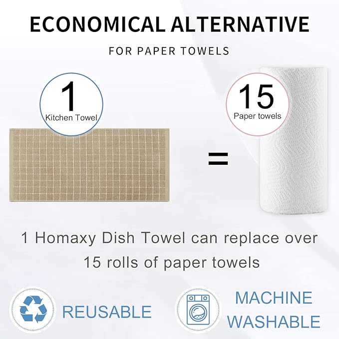 Homaxy Kitchen Towels and Dishcloths Set, 12 x 12 and 13 x 28 Inches, Set of 16 Bulk Cotton Terry Kitchen Towels Set, Checkered Designed, Soft and Super Absorbent Dish Cloths, Tan