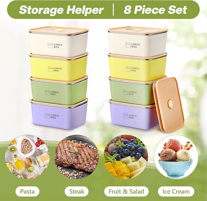 Blushtier 8 Pcs Stainless Steel Food Storage Containers with Lids 20 oz Metal Snack Containers Box for Dishwasher Freezer & Microwave Safe, Stainless Steel Lunch Box for Meal Prep, Leftovers
