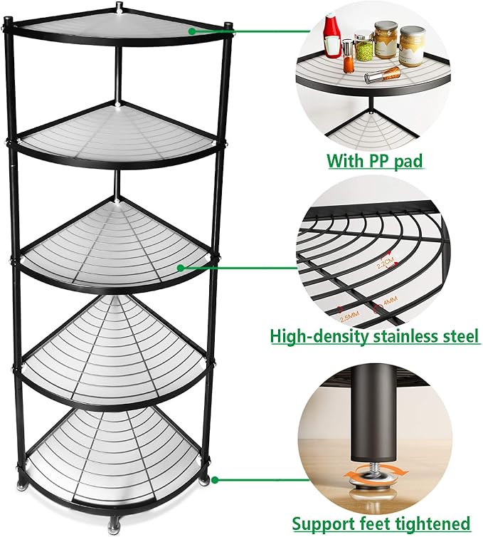MAGCOLOR 5-Tier Kitchen Corner Shelf Rack, Free Standing Pot Rack for Organizer Stainless Steel Cookware Stand
