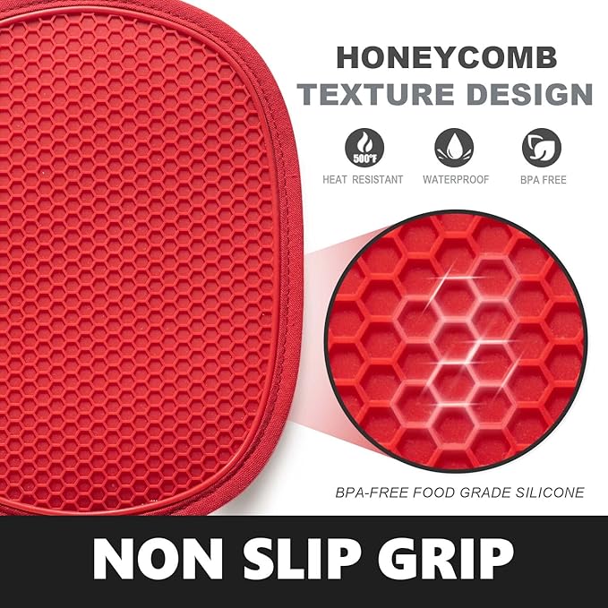 2-Pack Silicone Pot Holders for Kitchen Heat Resistant up to 500°F, Non-Slip Large Hot Pads with Pocket, Quilted Liner Trivets for Countertops Hot Pots and Pans (Red)