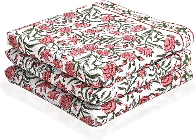 CPC Red Garnet Hand Block Print Waffle Kitchen Towel Set of 3-16 x 28 Inch Ultra Absorbent Quick Dry Cotton Dish Towels Lightweight Reusable Sustainable Tea Towels for Cleaning and Drying