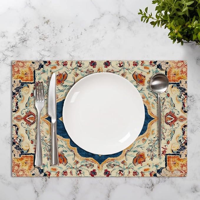 Vintage Boho Placemats Set of 4, Deep Navy Blue Warm Orange Flowers Bohemia Table Mats, Washable Heat Resistant Linen Fabric Place Mats for Kitchen Home Party Dining Decoration 12x18 Inch