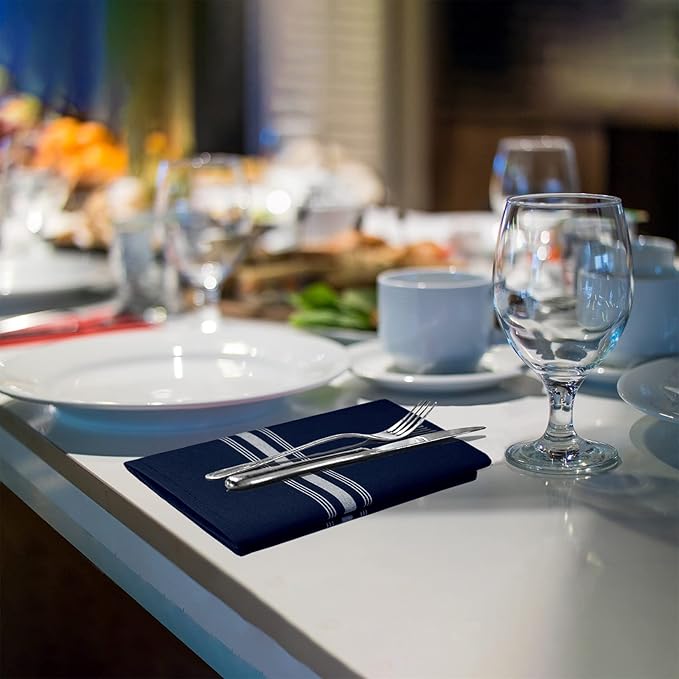 Bistro Cloth Napkins Set of 12 Pack, Dinner Stripe Napkins Cloth Washable 18 * 22 Inch, MJS Commercial Quality, Reusable Table Napkins Cloth, Non-Iron, No Fade, Navy Blue White Stripes