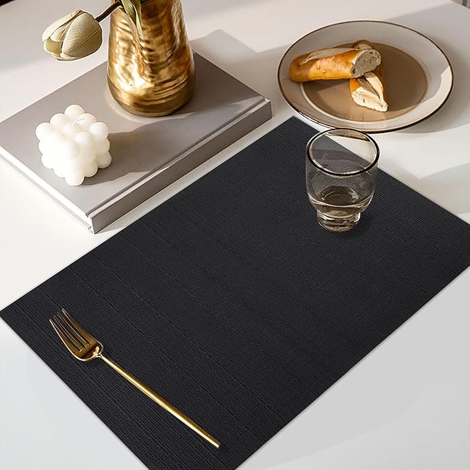 Vinyl Placemats Set of 6, PVC Woven Washable Non-Slip Table Mats, Heat Resistant Wrinkle Free Place Mats for Dining Table, Easy to Clean (6, Black)