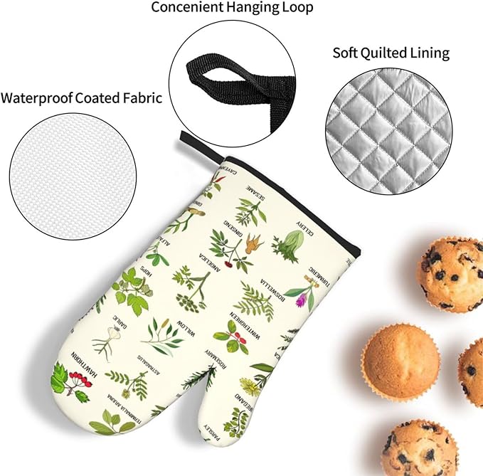 Cute Herbs Botanic Garden Plants Oven Mitts and Pot Holders Sets Heat Resistant for Kitchen BBQ Microwave Baking Grilling Cooks Set of 3 Kitchen Oven Glove