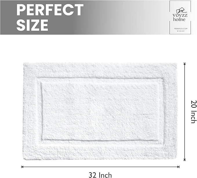 voyzz home Cotton Bathroom Bath Mat Rug White 20" x 32 Extra Soft, Non-Slip, Super Water Absorbent and Machine Washable for Bathroom, Floor, Tub & Shower