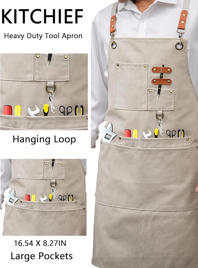 KITCHIEF Woodwork Aprons for Men,Tool Apron with loop and Pockets,Cross Back Heavy Duty Workshop Apron for Carpenter,Garden