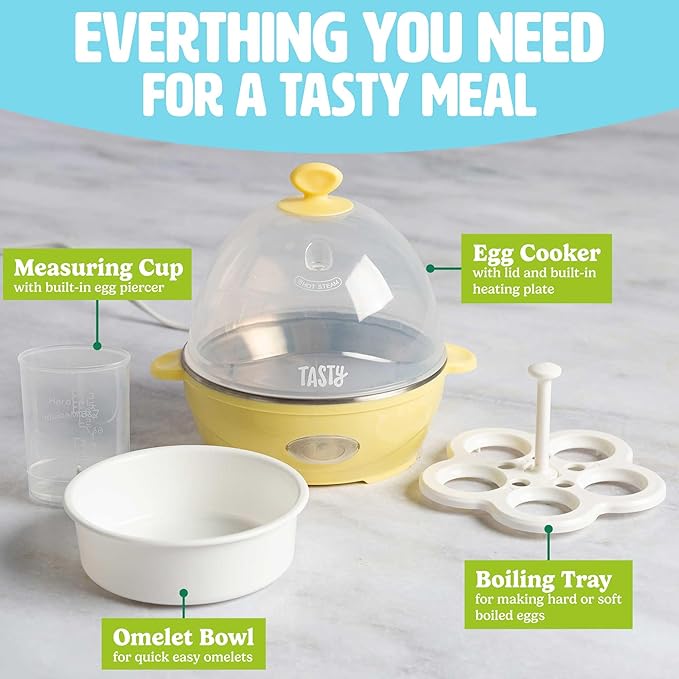 Tasty Mini Rapid Egg Cooker, 5-Egg Capacity for Perfect Hard Boiled Eggs or Omelets, Auto Shut Off, Yellow