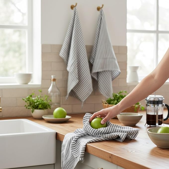 Eight Owls Stonewashed Linen Kitchen Dish Towels - 20 x 27 inch – 100% Pure Linen Tea Towel/Hand Towel - Set of 2 (Gray Stripe)
