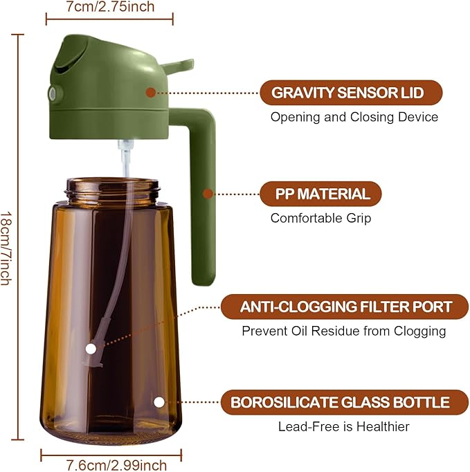 YARRAMATE 2Pcs 16oz/470ml Dark Brown Oil Sprayer for Cooking with Stickers, Food-grade Premium 2 in 1 Olive Oil Dispenser Bottle for Kitchen Gadgets, Air Fryer, Salad, Frying, BBQ (Black&OliveGreen)