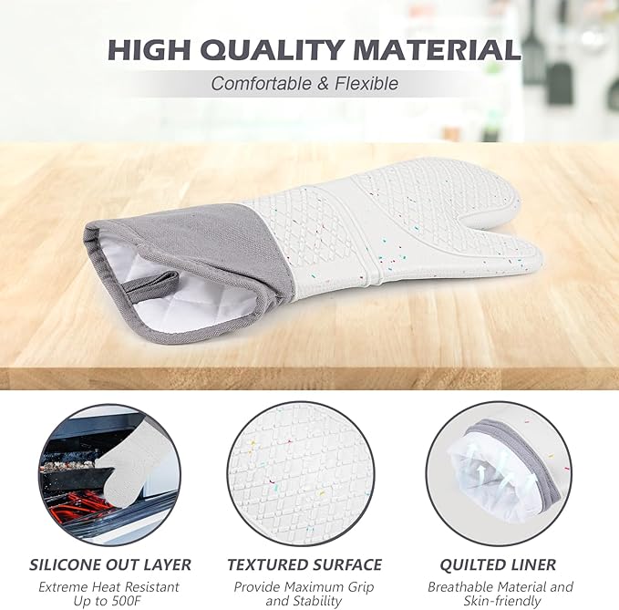 Extra Long Silicone Oven Mitts - Heat Resistant up to 500°F, 15'' Waterproof and Non-Slip Oven Gloves with Soft Quilted Liner - Perfect for BBQ, Cooking, Baking, and Grilling - 1 Pair, Light Grey