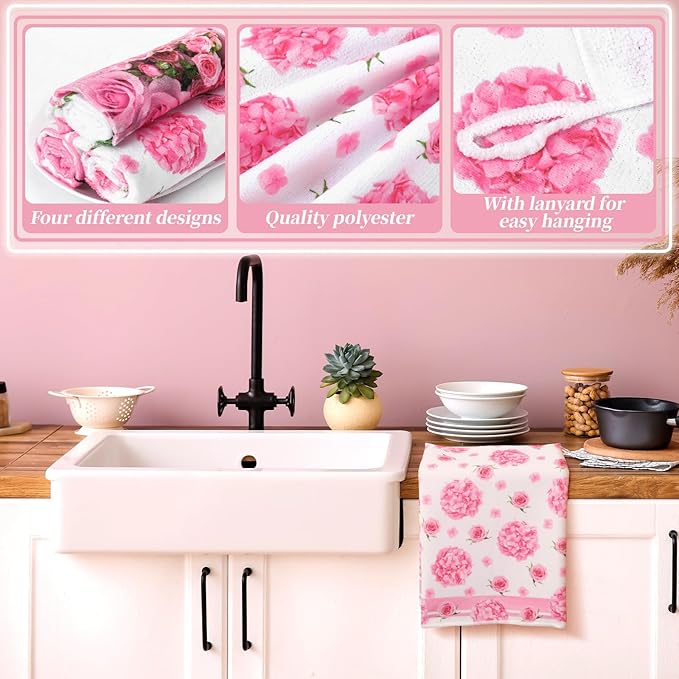 Leinuosen 8 Pcs Pink Rose Kitchen Towels and Dishcloths Sets Oven Mitts and Pot Holders Sets Absorbent Kitchen Gloves Potholders Heat Resistant for Chef Baking Cooking