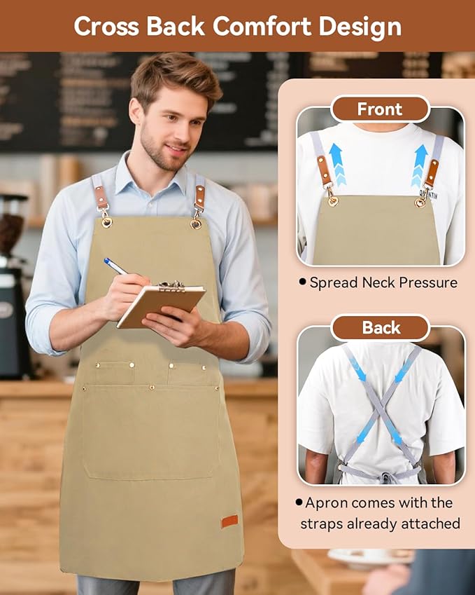 Teskyer Kitchen Cooking Apron with Pockets, Water Oil Resistant, Canvas Cross Back Aprons for Men Women Chef Server