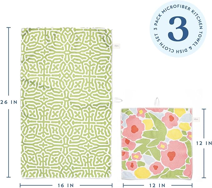 ELYN Microfiber Kitchen Dish Towel & Dish Cloth Set, Quick-Dry & Absorbent Waffle Weave Cleaning Cloths, Set of One Kitchen Towel & Two Washcloths, Paper Towels Alternative (Bold Floral & Geo)