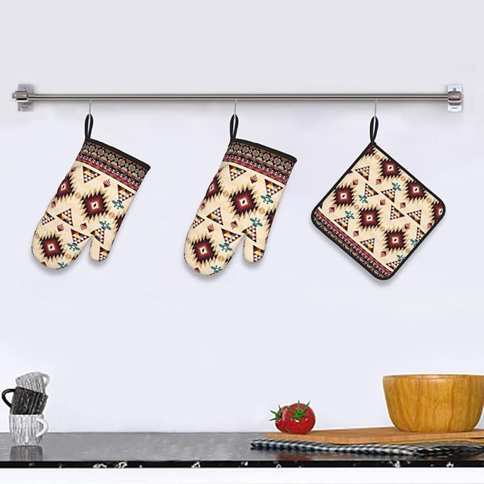 Southwestern Aztec Oven Mitts and Pot Holders Set of 3, Heat Resistant Non-Slip Navajo Pattern Oven Gloves with Hot Pad, Native American Boho Kitchen Decor Gloves for Chef Cooking Baking Grilling BBQ