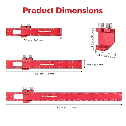 3PCS Woodworking Ruler Set, Precision Pocket Ruler with Adjustable Slide Stop, Aluminum Alloy Measuring Tool for Marking & Scribing, Metal T-Track Square Rulers, Inch and Metric (6", 8", 12")