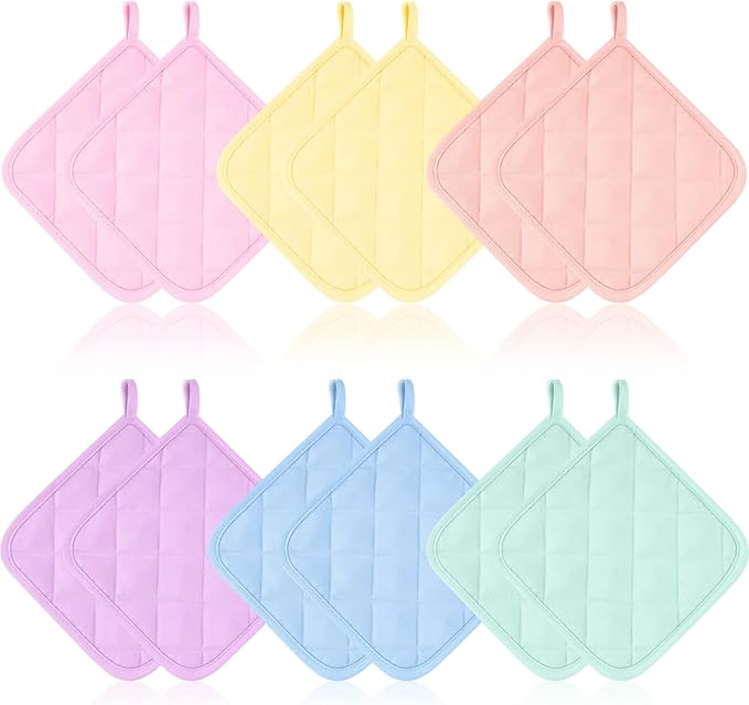 Bokon 12 Pcs Pot Holders for Kitchen, Pastel Potholders Sets, Heat Resistant Cotton Hot Pad Oven Mitts Trivet with Hanging Loops for Baking Cooking