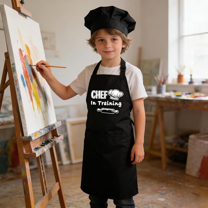 Kids Apron and Chef Hat Set Adjustable Child Aprons with 2 Large Pockets for Girls Boys Cooking Baking Painting Gift
