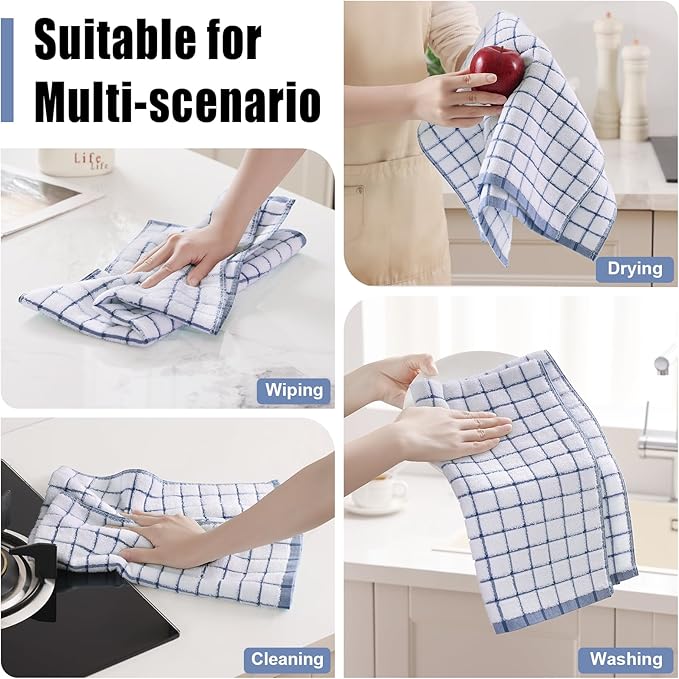 Homaxy Premium Kitchen Towels(16”x 28”, 6 Pack), Large Ring Spun Cotton Dish Towels, Super Absorbent Soft Terry Kitchen Hand Towels, Check Design Tea Towel Set with Hanging Loop, Navy Blue