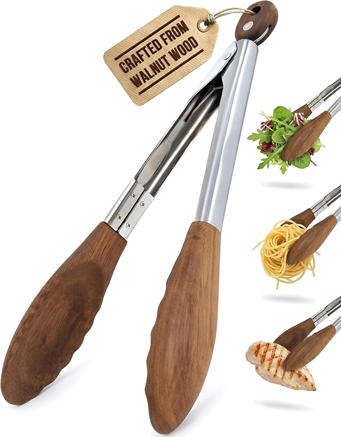 Boxiki Kitchen 9 Inch Tongs for Cooking with Wooden Tips - Nonstick Kitchen Tongs for Serving Food, Cooking, BBQ and Tossing Salad - Made of Walnut Wood
