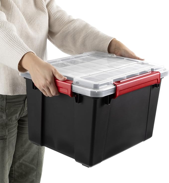 Sterilite 16 Pack Gasket Box, Stackable Plastic 8.5 Gallon Storage Container with Lids, Black - Waterproof and Dustproof Tote for Home Organization