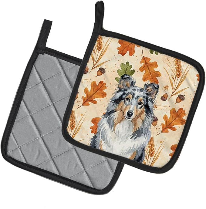 Caroline's Treasures Blue Merle Sheltie Heirloom Fall Pair of Pot Holders Pair 7.5x7.5 Quilted Insulated Hot Pads Decorative Kitchen Gift Made in USA