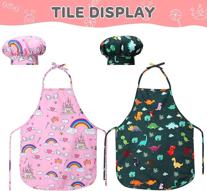Kids Cooking and Baking Chef Set, 2 Pcs Apron (Pink Green) Chef Hat Accessories Complete Cooking Set, Dress Up Pretend Play Career Role Play Costume Toys Thanksgiving for Boys Girls