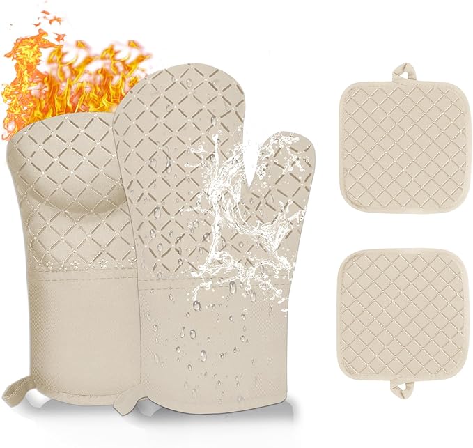 4PCS Oven Mitts and Pot Holders Sets 500°F Pot Holders for Kitchen Heat Resistant Oven Gloves Anti-Slip Silicone Stripe Oven Mitts Heat Resistant Hot Pads Oven Mits Potholders for Kitchens Khaki