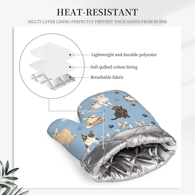 Cat Blue Silicone Oven Mitts Set of 2, Heat Resistant up to 500°F, Kitchen Oven Gloves with Non-Slip Grip and Soft Cotton Lining for Baking, Cooking and BBQ