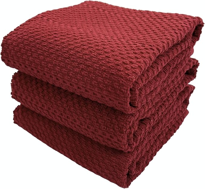 Maroon Dark Red Brick Red Kitchen Hand Dish Towels: Oversized 28" x 18",100% Cotton Cloth Soft Cleaning Drying Absorbent Textured Design, Set of 3 Multipurpose for Everyday Use (Brick Red)