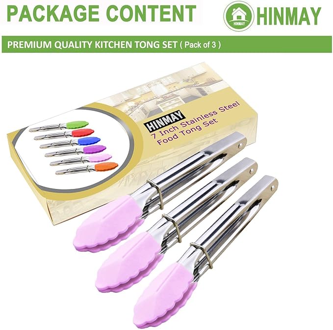 HINMAY 7-Inch Serving Tongs with Silicone Tips Clam Shell Mini Tongs, Set of 3 (Pink)