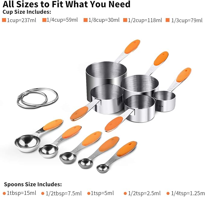 Measuring Cups : U-Taste 18/8 Stainless Steel Measuring Cups and Spoons Set of 10 Piece, Upgraded Thickness Handle(Orange)