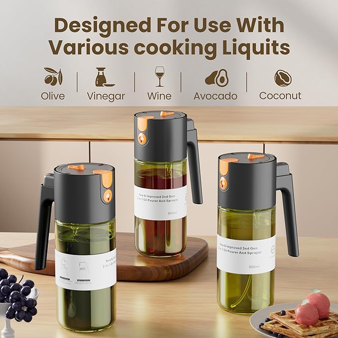 LUKUMIQI 2 in 1 Oil Sprayer for Cooking, 17oz Light-Blocking Glass Spray Bottle with Stickers, Oil Dispenser for Salad, Air Fryer & BBQ