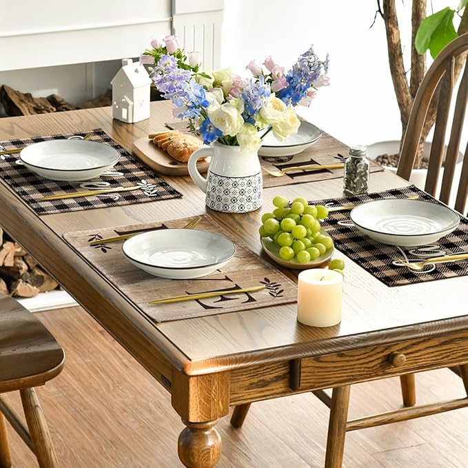 Artoid Mode Wood Love Family Home Together Buffalo Plaid Placemats Set of 4, 12x18 Inch Farmhouse Table Mats Party Kitchen Dining Decoration