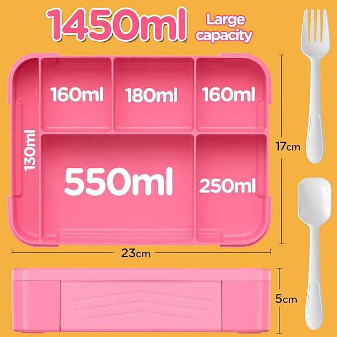 Jelife Kids Bento Box Lunch Box - 1450ml Leakproof 6 Compartments Bento Lunchbox Kids Lunch Boxes with Food Utensils for Back to School, Book-Style Lunch Snack Containers for Toddler Daycare, Pink