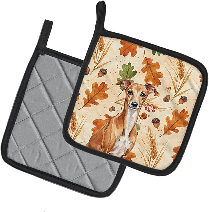 Caroline's Treasures Red Italian Greyhound Heirloom Fall Pair of Pot Holders Pair 7.5x7.5 Quilted Insulated Hot Pads Decorative Kitchen Gift Made in USA