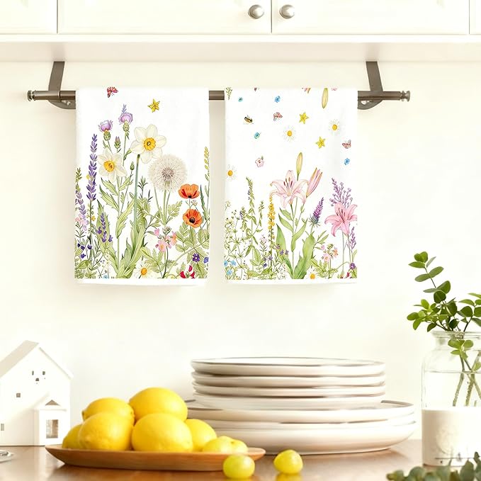 2Pcs Wild Flower Kitchen Towels-16×24in Spring Floral Kitchen Dish Towels, Absorbent & Quick Dry Hand Tea Towels for Holiday Home Decor Easter Mother‘s Day Gifts