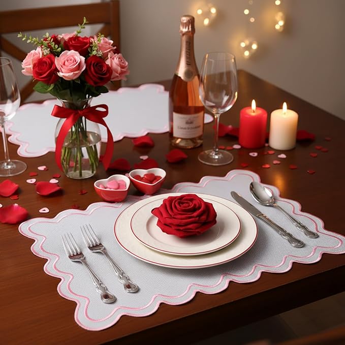 HunnmingRe Set of 6 Cotton Linen Placemats, 13x19 Inch Scalloped Wavy Embroidery Placemat Double Layered Washable Rustic Rectangle Dinner Table Mats for Wedding Home Decor(White with Pink)
