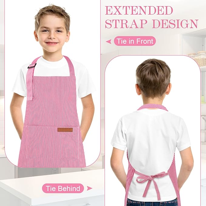 2 Pack Stripes Kids Apron, Kids Cooking Aprons with 2 Pockets, Cute Aprons for Cooking for Boys and Girls