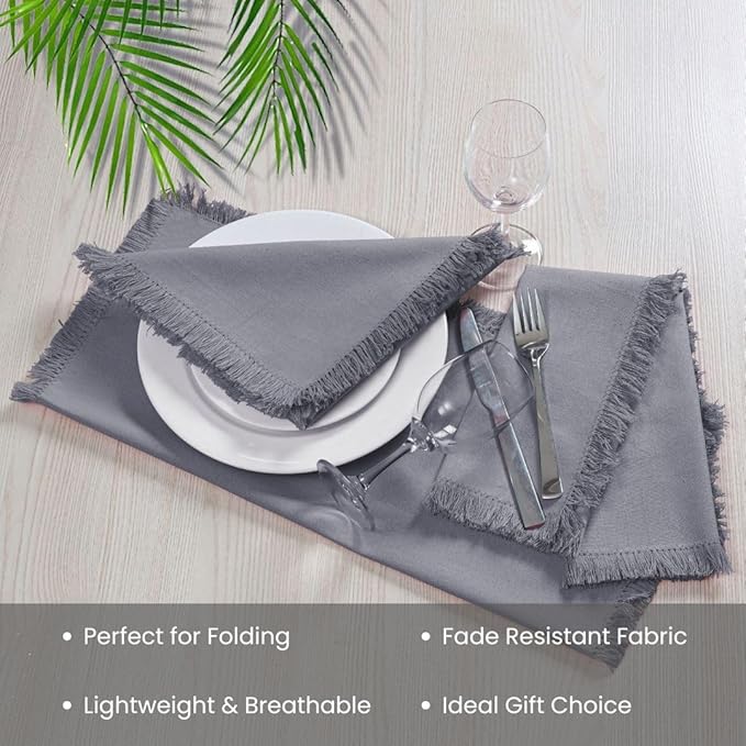 Cloth Dinner Napkins Fringes 100% Cotton Set of 6 - Perfect for Dining Special Occasions Wedding Holidays Christmas - Soft Durable Washable - Elegant 20x20 Inch Cloth Napkins Dark Grey