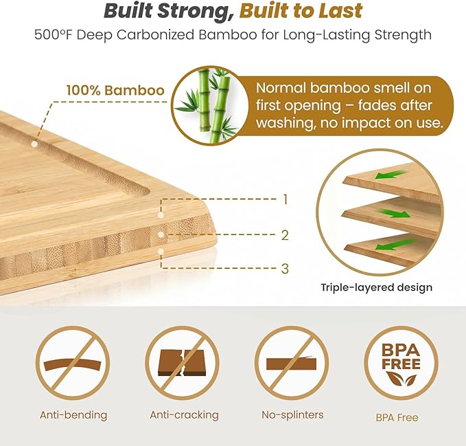 Bamboo Cutting Board Set of 3, Durable Wooden Chopping Boards with Distinctive Stand & Juice Grooves, Ideal for Meat, Vegetables, Fruit, Charcuterie Prep & Serving, Kitchen Gifts for Mom, Natural
