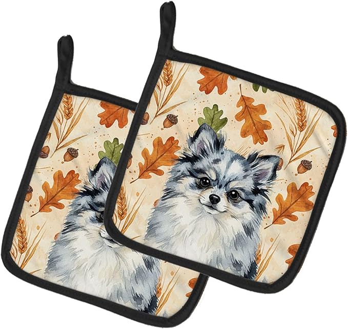 Caroline's Treasures Blue Merle Pomeranian Heirloom Fall Pair of Pot Holders Pair 7.5x7.5 Quilted Insulated Hot Pads Decorative Kitchen Gift Made in USA