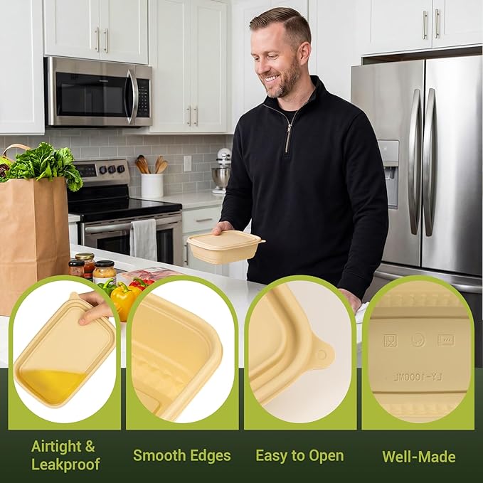 25Pack(50pcs) Meal Prep Containers Reusable, 32oz Bamboo-Powder Food Containers with Lids, Plant-based To Go Containers for Lunch - Microwave, Freezer, Dishwasher Safe